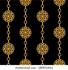 Golden decorative baroque pattern with chain on black background. EPS10 Illustration.