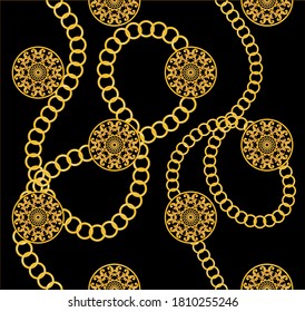 Golden decorative baroque pattern with chain on black background. EPS10 Illustration.