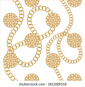 Golden decorative baroque pattern with chain on white background. EPS10 Illustration.