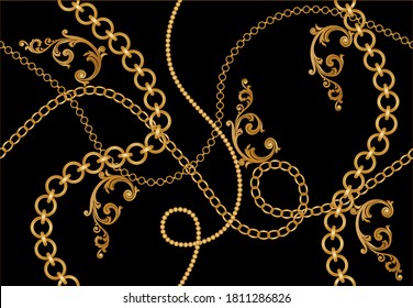 Golden decorative baroque pattern with chain on black background. EPS10 Illustration.