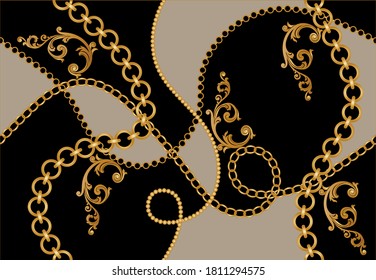 Golden decorative baroque pattern with chain on black background. EPS10 Illustration.