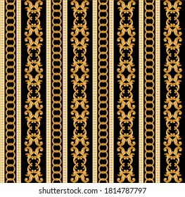 Golden decorative baroque pattern with chain on black background. EPS10 Illustration.