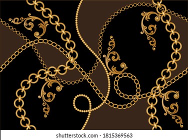 Golden decorative baroque pattern with chain on black background. EPS10 Illustration.