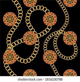 Golden decorative baroque pattern with chain on black background. EPS10 Illustration.