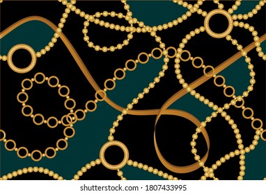 Golden decorative baroque pattern with chains on black background.EPS10 Illustration.