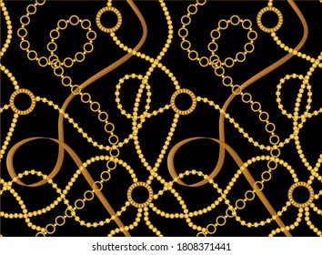 Patrón barroco decorativo dorado con cadenas sobre fondo negro.EPS10 Ilustración.