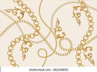 Decoración dorada barroca con cadenas de fondo beige. Ilustración EPS10.