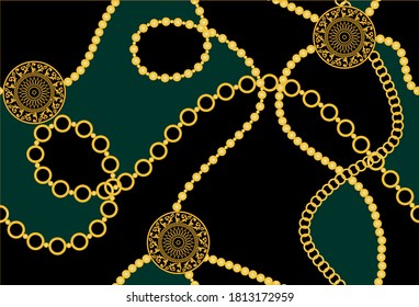 Patrón barroco decorativo dorado con cadenas sobre fondo negro. Ilustración EPS10.