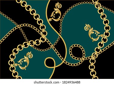 Golden decorative baroque pattern with chains on black background. EPS10 Illustration.