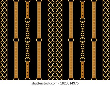 Golden decorative baroque pattern with chains on black background.Vector design for fashion prints and backgrounds.