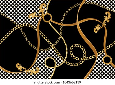 Golden decorative baroque pattern with chains on black background.Vector design for fashion prints and backgrounds.