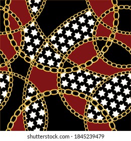 Golden decorative baroque pattern with chains on black background.Vector design for fashion prints and backgrounds.
