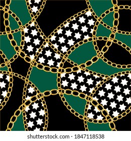 Golden decorative baroque pattern with chains on black background.Vector design for fashion prints and backgrounds.