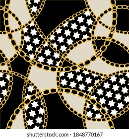 Golden decorative baroque pattern with chains on black background.Vector design for fashion prints and backgrounds.