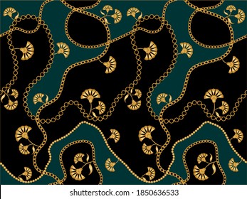 Golden decorative baroque pattern with chains on black background.Vector design for fashion prints and backgrounds.