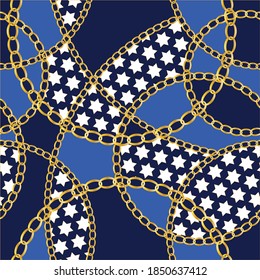 Golden decorative baroque pattern with chains on blue background.Vector design for fashion prints and backgrounds.
