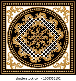 Golden decorative baroque pattern with gold spheres on black background.EPS10 Illustration.