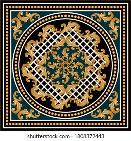 Patrón barroco decorativo dorado con esferas doradas sobre fondo negro.EPS10 Ilustración.