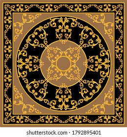 Golden decorative baroque pattern on black background.EPS10 Illustration.