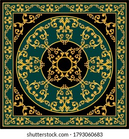 Golden decorative baroque pattern on black background.EPS10 Illustration.