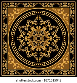 Golden decorative baroque pattern on black background.Vector design for fashion prints and backgrounds.