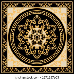 Golden decorative baroque pattern on black background.Vector design for fashion prints and backgrounds.