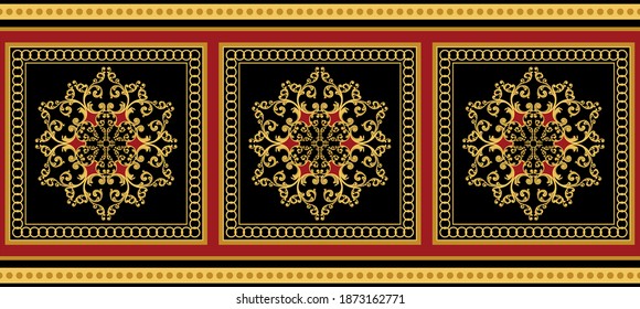 Golden decorative baroque pattern on black background.Vector design for fashion prints,border,textile and backgrounds.