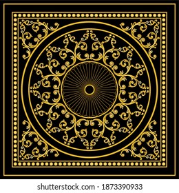 Golden decorative baroque pattern on black background.Vector design for fashion prints and backgrounds.