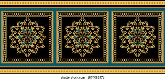 Golden dekoratives Barockmuster auf schwarzem Hintergrund.Vektordesign für Modedrucke, Rahmen, Textilien und Hintergründe.