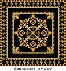 Golden decorative baroque pattern on black background.Vector design for fashion prints and backgrounds.
