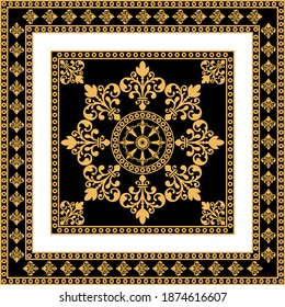 Golden decorative baroque pattern on black background.Vector design for fashion prints and backgrounds.