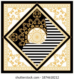 Patrón barroco decorativo dorado sobre fondo blanco.Diseño vectorial para huellas de moda y fondos.