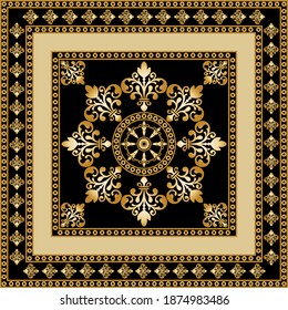 Golden decorative baroque pattern on black background.Vector design for fashion prints and backgrounds.