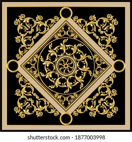 Golden decorative baroque pattern on black background.Vector design for fashion prints and backgrounds.