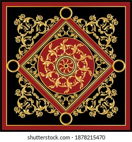 Golden decorative baroque pattern on black background.Vector design for fashion prints and backgrounds.