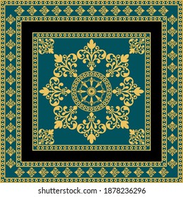 Golden decorative baroque pattern on green background.Vector design for fashion prints and backgrounds.