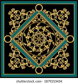 Patrón barroco decorativo dorado sobre fondo negro.Diseño vectorial para huellas de moda y fondos.