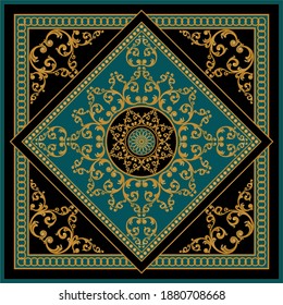Golden decorative baroque pattern on black background.Vector design for fashion prints and backgrounds.