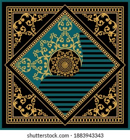 Golden decorative baroque pattern on black background.Vector design for fashion prints and backgrounds.