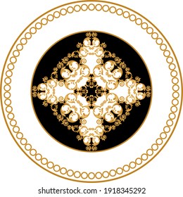 Golden decorative baroque pattern on black background.EPS10 Illustration.