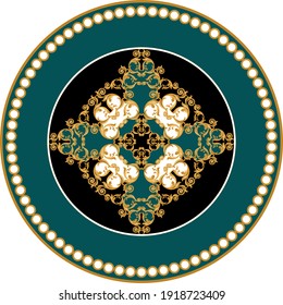 Golden decorative baroque pattern on green background.EPS10 Illustration.