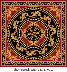 Patrón barroco decorativo dorado con esferas sobre fondo rojo.EPS10 Ilustración.