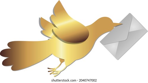 golden decorative bird flying with letter, vector silhouette isoleted on white background, symbol for wedding, love, christmas or communication