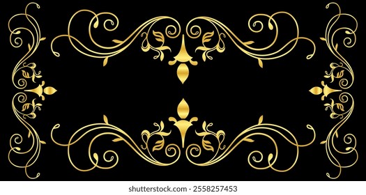 Golden Decorative Borders On Black Background.