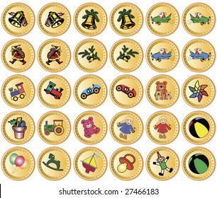 golden decorative buttons with christmas decoration and childrens toys