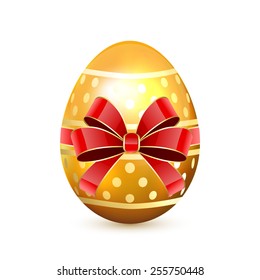 Golden decorative Easter egg with red bow isolated on white background, illustration.