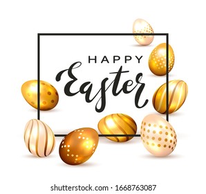 Golden decorative eggs and black border with lettering Happy Easter isolated on white background. Illustration with luxury Easter symbols can be used for holiday design, decorations and cards.