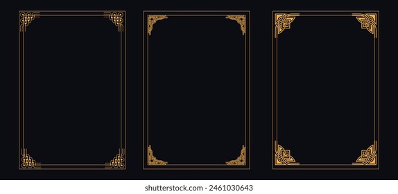 Goldene dekorative Elemente mit verschiedenen Linien, Kollektion von geometrischen Art-Deco-Ornament, Vektorgrafik-Set von Linearrahmen und Rahmen, Dekor im viktorianischen Stil florale Grenze, Luxus Royal Antique Wedding D