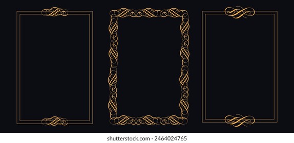 golden decorative elements with different lines, Collection of geometric art deco ornament, Vector set of linear frames and borders, Victorian style decor floral border, luxury royal antique wedding,