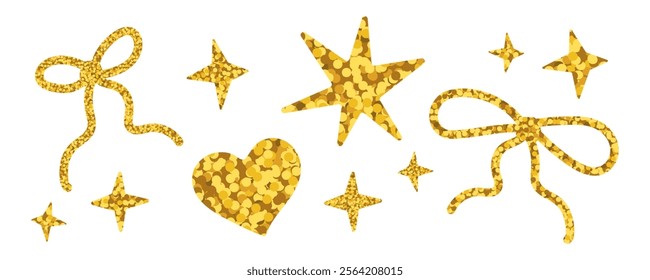 Golden decorative elements set. Bows, stars and heart with gold glitter texture for holiday design. Festive stickers, clip art with shiny sequin patterns. Vector illustration on transparent background